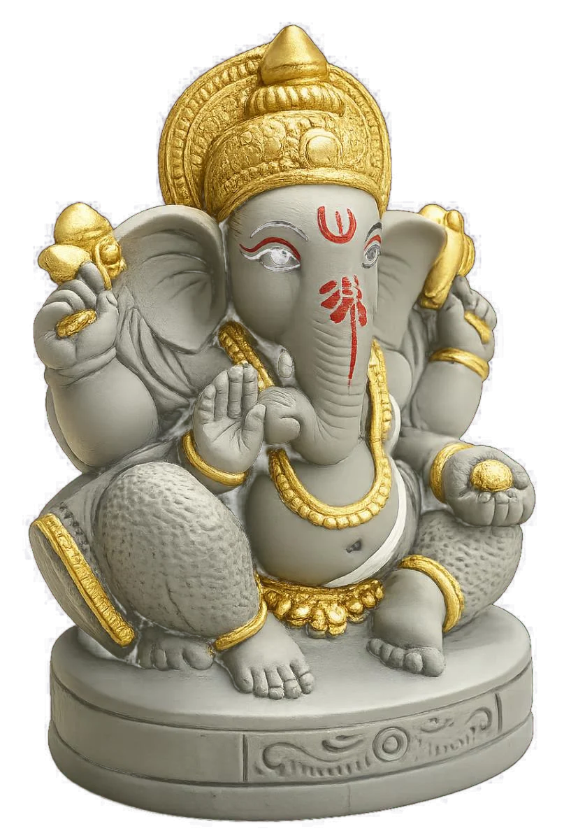 Hand-sculpted clay Seed Ganesha idol with gold and natural colour detailing